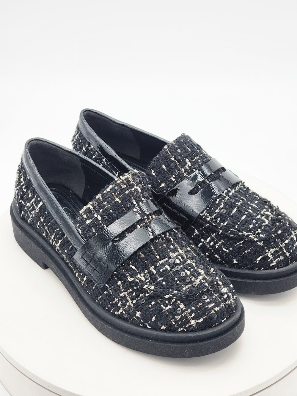 Jessica Simpson Black Tweed Gold Metallic Platform Loafers Women Size 6.5 M